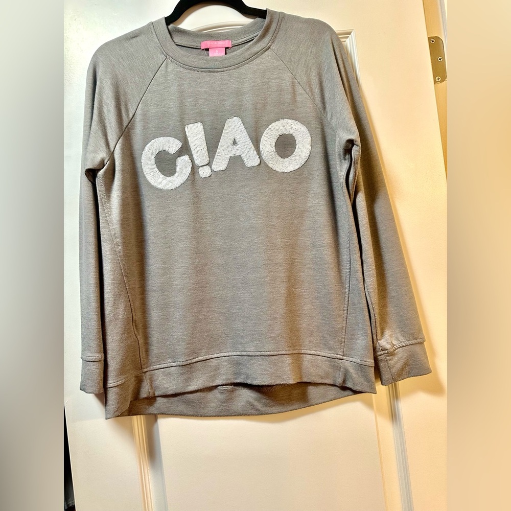 Isaac Mizrahi women’s Gray 'CIAO' Sweatshirt, lightweight and soft!